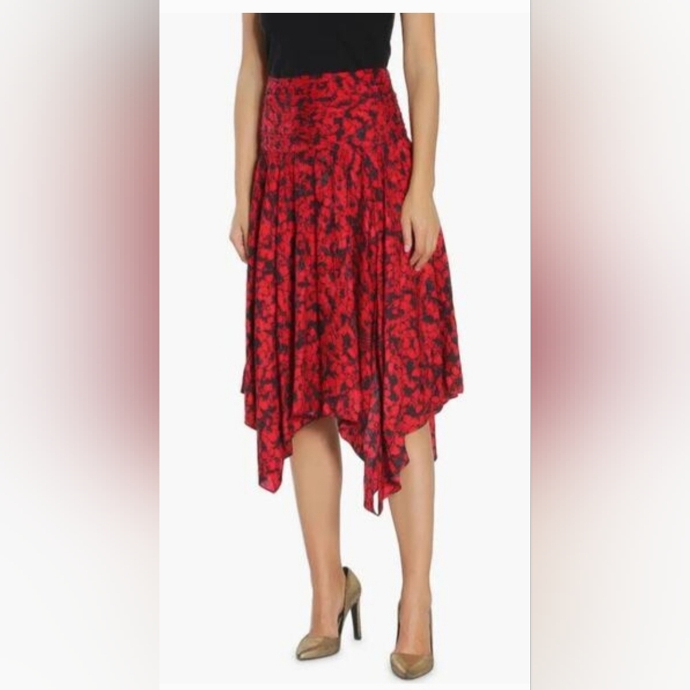 Zadig & Voltaire Red &‎ Black Floral Silk Blend Asymmetrical Skirt Sz 40 Or US 8 - Picture 2 of 12
